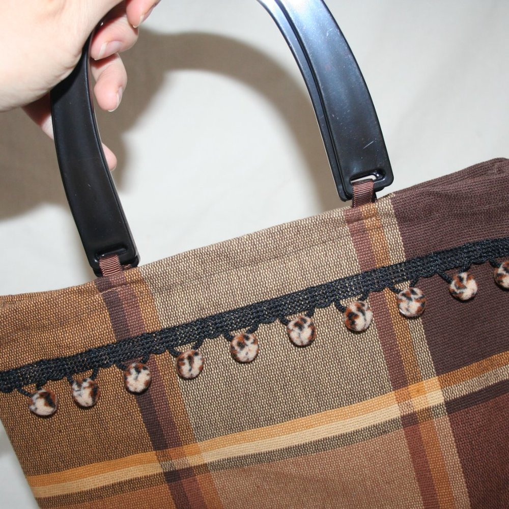 NWOT POM POM PURSE AUTUMN PLAID CANVAS TOASTED BROWN SMALL TOTE BAG CARRYALL - Picture 11 of 15